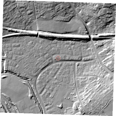 Shaded relief map of the ground around BN238EJ, computed from Environment Agency LiDAR. The ground here sits at about 5 m above sea level and falls 27 m across the surrounding 800 m. Surface water reaching this point runs off ground lying to the north-north-west, 7.3 m higher.