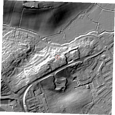 Shaded relief map of the ground around BN238EY, computed from Environment Agency LiDAR. The ground here sits at about 12 m above sea level and falls 22 m across the surrounding 800 m. Surface water reaching this point runs off ground lying to the south-south-west, 3.0 m higher.