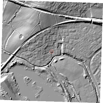 Shaded relief map of the ground around BN238LA, computed from Environment Agency LiDAR. The ground here sits at about 4 m above sea level and falls 16 m across the surrounding 800 m. Surface water reaching this point runs off ground lying to the north-west, 7.7 m higher.