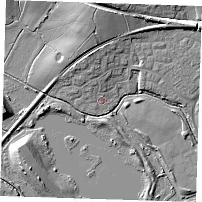 Shaded relief map of the ground around BN238LB, computed from Environment Agency LiDAR. The ground here sits at about 4 m above sea level and falls 14 m across the surrounding 800 m. Surface water reaching this point runs off ground lying to the north-north-west, 4.8 m higher.