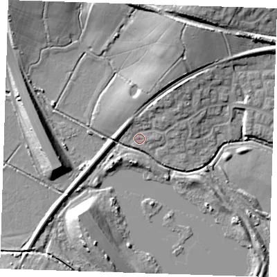 Shaded relief map of the ground around BN238LT, computed from Environment Agency LiDAR. The ground here sits at about 4 m above sea level and falls 15 m across the surrounding 800 m. Surface water reaching this point runs off ground lying to the north-east, 6.6 m higher.