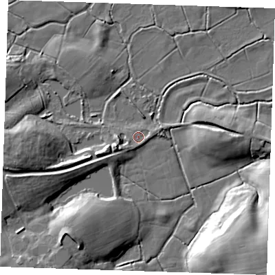 Shaded relief map of the ground around BN245BL, computed from Environment Agency LiDAR. The ground here sits at about 3 m above sea level and falls 20 m across the surrounding 800 m. Surface water reaching this point runs off ground lying to the south-south-west, 1.4 m higher.