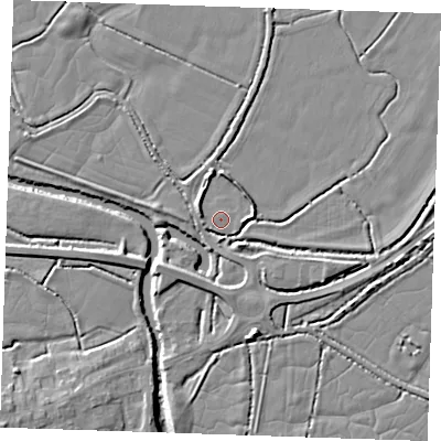 Shaded relief map of the ground around BN245BW, computed from Environment Agency LiDAR. The ground here sits at about 3 m above sea level and falls 10 m across the surrounding 800 m. Surface water reaching this point runs off ground lying to the south-south-west, 0.9 m higher.