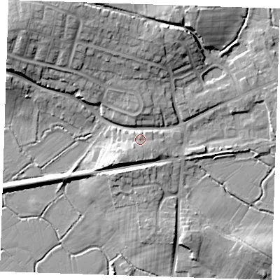 Shaded relief map of the ground around BN245DF, computed from Environment Agency LiDAR. The ground here sits at about 7 m above sea level and falls 17 m across the surrounding 800 m. Surface water reaching this point runs off ground lying to the south-south-west, 2.9 m higher.