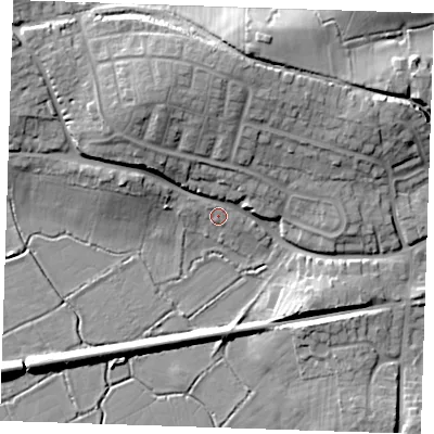 Shaded relief map of the ground around BN245DG, computed from Environment Agency LiDAR. The ground here sits at about 6 m above sea level and falls 17 m across the surrounding 800 m. Surface water reaching this point runs off ground lying to the north-west, 9.6 m higher.