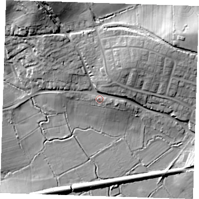 Shaded relief map of the ground around BN245DH, computed from Environment Agency LiDAR. The ground here sits at about 10 m above sea level and falls 27 m across the surrounding 800 m. Surface water reaching this point runs off ground lying to the north-east, 7.1 m higher.