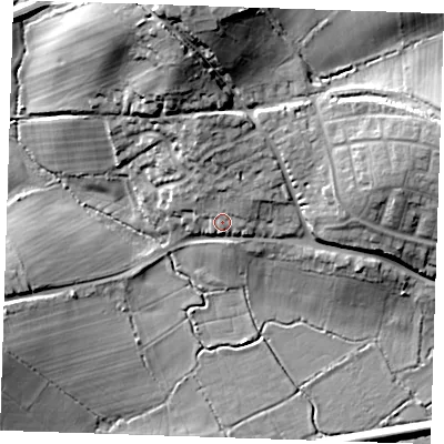Shaded relief map of the ground around BN245DJ, computed from Environment Agency LiDAR. The ground here sits at about 10 m above sea level and falls 28 m across the surrounding 800 m. Surface water reaching this point runs off ground lying to the north, 10.4 m higher.