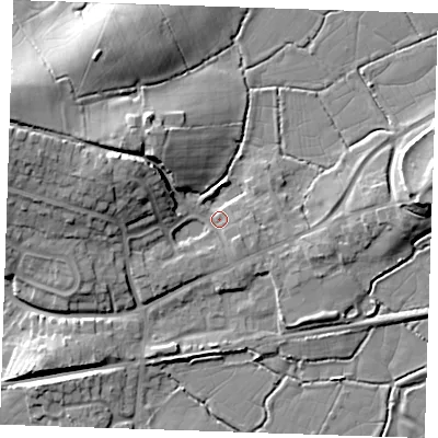 Shaded relief map of the ground around BN245HE, computed from Environment Agency LiDAR. The ground here sits at about 5 m above sea level and falls 15 m across the surrounding 800 m. Surface water reaching this point runs off ground lying to the west-north-west, 10.7 m higher.