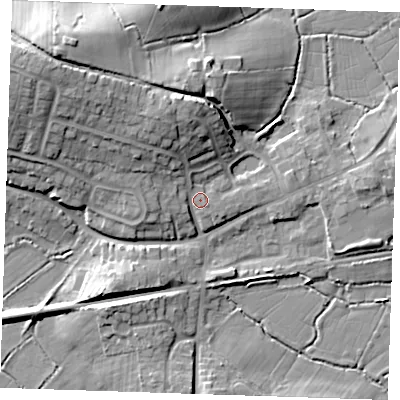 Shaded relief map of the ground around BN245HN, computed from Environment Agency LiDAR. The ground here sits at about 6 m above sea level and falls 17 m across the surrounding 800 m. Surface water reaching this point runs off ground lying to the north-west, 11.5 m higher.