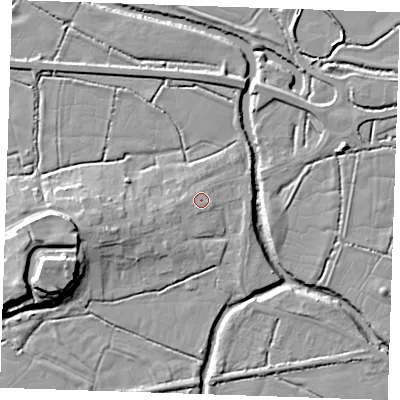 Shaded relief map of the ground around BN245JP, computed from Environment Agency LiDAR. The ground here sits at about 5 m above sea level and falls 16 m across the surrounding 800 m. Surface water reaching this point runs off ground lying to the south-south-west, 1.0 m higher.