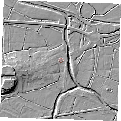 Shaded relief map of the ground around BN245JR, computed from Environment Agency LiDAR. The ground here sits at about 4 m above sea level and falls 16 m across the surrounding 800 m. Surface water reaching this point runs off ground lying to the west-south-west, 1.8 m higher.