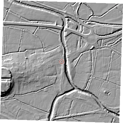 Shaded relief map of the ground around BN245JS, computed from Environment Agency LiDAR. The ground here sits at about 4 m above sea level and falls 16 m across the surrounding 800 m. Surface water reaching this point runs off ground lying to the west-south-west, 1.8 m higher.