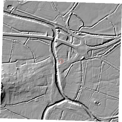 Shaded relief map of the ground around BN245JT, computed from Environment Agency LiDAR. The ground here sits at about 3 m above sea level and falls 15 m across the surrounding 800 m. Surface water reaching this point runs off ground lying to the north-east, 3.5 m higher.