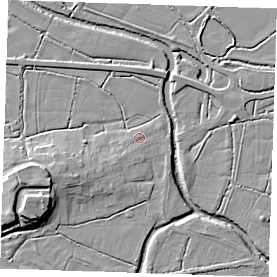 Shaded relief map of the ground around BN245JU, computed from Environment Agency LiDAR. The ground here sits at about 4 m above sea level and falls 16 m across the surrounding 800 m. Surface water reaching this point runs off ground lying to the south-west, 1.5 m higher.