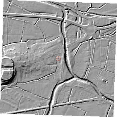 Shaded relief map of the ground around BN245LA, computed from Environment Agency LiDAR. The ground here sits at about 3 m above sea level and falls 16 m across the surrounding 800 m. Surface water reaching this point runs off ground lying to the west, 4.5 m higher.