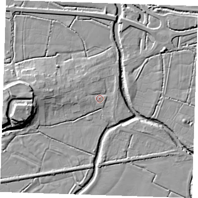 Shaded relief map of the ground around BN245LB, computed from Environment Agency LiDAR. The ground here sits at about 4 m above sea level and falls 16 m across the surrounding 800 m. Surface water reaching this point runs off ground lying to the west-north-west, 4.5 m higher.