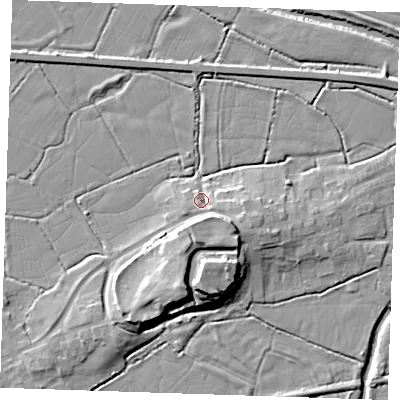 Shaded relief map of the ground around BN245LG, computed from Environment Agency LiDAR. The ground here sits at about 5 m above sea level and falls 15 m across the surrounding 800 m. Surface water reaching this point runs off ground lying to the east-south-east, 4.2 m higher.