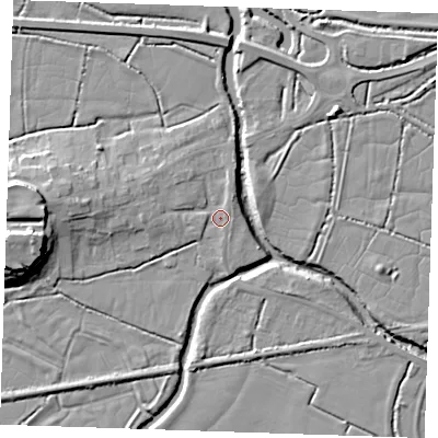 Shaded relief map of the ground around BN245LH, computed from Environment Agency LiDAR. The ground here sits at about 4 m above sea level and falls 16 m across the surrounding 800 m. Surface water reaching this point runs off ground lying to the west, 4.5 m higher.