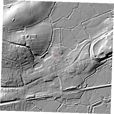 Shaded relief map of the ground around BN245LN, computed from Environment Agency LiDAR. The ground here sits at about 4 m above sea level and falls 13 m across the surrounding 800 m. Surface water reaching this point runs off ground lying to the south, 2.1 m higher.