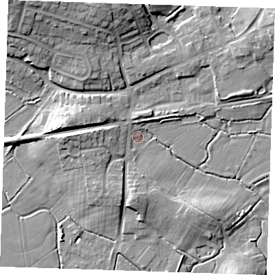 Shaded relief map of the ground around BN245NE, computed from Environment Agency LiDAR. The ground here sits at about 3 m above sea level and falls 15 m across the surrounding 800 m. Surface water reaching this point runs off ground lying to the west, 8.9 m higher.