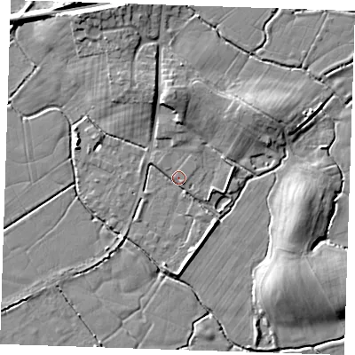 Shaded relief map of the ground around BN245NP, computed from Environment Agency LiDAR. The ground here sits at about 3 m above sea level and falls 9 m across the surrounding 800 m. Surface water reaching this point runs off ground lying to the north, 3.0 m higher.