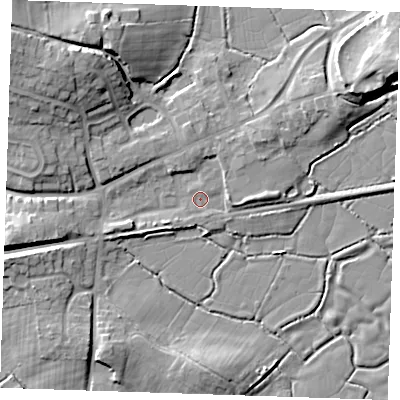 Shaded relief map of the ground around BN245NQ, computed from Environment Agency LiDAR. The ground here sits at about 4 m above sea level and falls 13 m across the surrounding 800 m. Surface water reaching this point runs off ground lying to the north-west, 12.3 m higher.