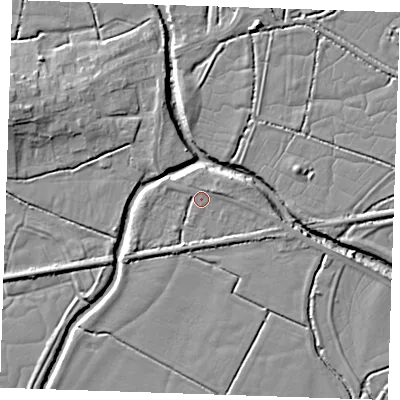 Shaded relief map of the ground around BN245NX, computed from Environment Agency LiDAR. The ground here sits at about 3 m above sea level and falls 10 m across the surrounding 800 m. Surface water reaching this point runs off ground lying to the east-north-east, 2.3 m higher.