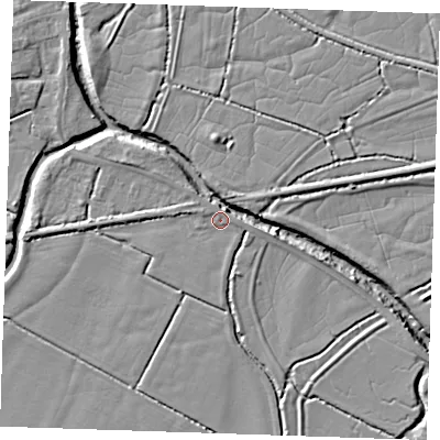 Shaded relief map of the ground around BN246AA, computed from Environment Agency LiDAR. The ground here sits at about 3 m above sea level and falls 6 m across the surrounding 800 m. Surface water reaching this point runs off ground lying to the east, 0.8 m higher.