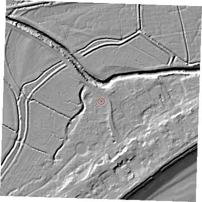 Shaded relief map of the ground around BN246AB, computed from Environment Agency LiDAR. The ground here sits at about 3 m above sea level and falls 10 m across the surrounding 800 m. Surface water reaching this point runs off ground lying to the south-south-east, 1.4 m higher.