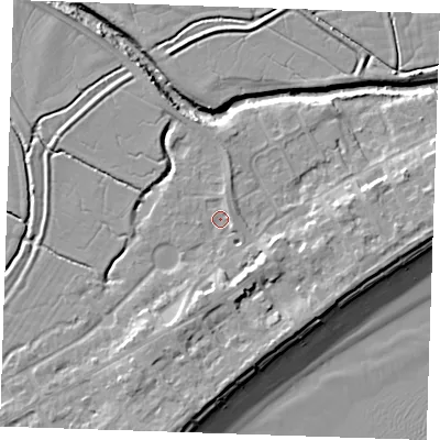 Shaded relief map of the ground around BN246AE, computed from Environment Agency LiDAR. The ground here sits at about 3 m above sea level and falls 10 m across the surrounding 800 m. Surface water reaching this point runs off ground lying to the south-east, 3.8 m higher.