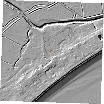 Shaded relief map of the ground around BN246AG, computed from Environment Agency LiDAR. The ground here sits at about 3 m above sea level and falls 10 m across the surrounding 800 m. Surface water reaching this point runs off ground lying to the south-west, 4.0 m higher.
