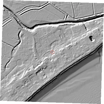 Shaded relief map of the ground around BN246AH, computed from Environment Agency LiDAR. The ground here sits at about 3 m above sea level and falls 10 m across the surrounding 800 m. Surface water reaching this point runs off ground lying to the south-east, 3.4 m higher.