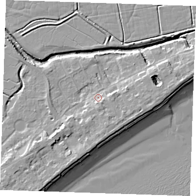 Shaded relief map of the ground around BN246AJ, computed from Environment Agency LiDAR. The ground here sits at about 4 m above sea level and falls 10 m across the surrounding 800 m. Surface water reaching this point runs off ground lying to the east-south-east, 3.5 m higher.