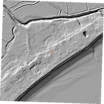 Shaded relief map of the ground around BN246AL, computed from Environment Agency LiDAR. The ground here sits at about 5 m above sea level and falls 10 m across the surrounding 800 m. Surface water reaching this point runs off ground lying to the south-east, 1.5 m higher.