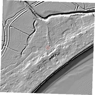 Shaded relief map of the ground around BN246AQ, computed from Environment Agency LiDAR. The ground here sits at about 3 m above sea level and falls 10 m across the surrounding 800 m. Surface water reaching this point runs off ground lying to the south-east, 3.5 m higher.