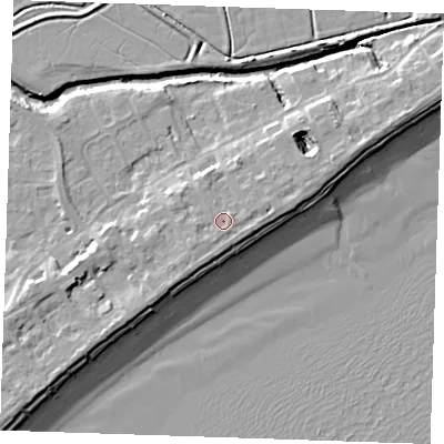 Shaded relief map of the ground around BN246AR, computed from Environment Agency LiDAR. The ground here sits at about 6 m above sea level and falls 10 m across the surrounding 800 m. Surface water reaching this point runs off ground lying to the south-south-west, 0.8 m higher.