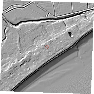 Shaded relief map of the ground around BN246AS, computed from Environment Agency LiDAR. The ground here sits at about 6 m above sea level and falls 10 m across the surrounding 800 m. Surface water reaching this point runs off ground lying to the south-south-east, 1.1 m higher.