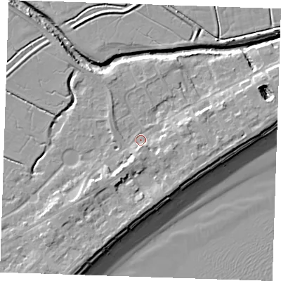 Shaded relief map of the ground around BN246AT, computed from Environment Agency LiDAR. The ground here sits at about 3 m above sea level and falls 10 m across the surrounding 800 m. Surface water reaching this point runs off ground lying to the south-west, 3.9 m higher.