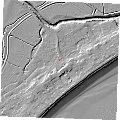 Shaded relief map of the ground around BN246AU, computed from Environment Agency LiDAR. The ground here sits at about 3 m above sea level and falls 10 m across the surrounding 800 m. Surface water reaching this point runs off ground lying to the south-east, 3.8 m higher.