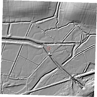 Shaded relief map of the ground around BN246AW, computed from Environment Agency LiDAR. The ground here sits at about 3 m above sea level and falls 14 m across the surrounding 800 m. Surface water reaching this point runs off ground lying to the south, 0.9 m higher.