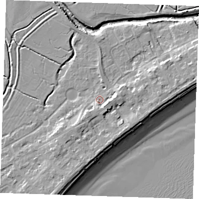 Shaded relief map of the ground around BN246AX, computed from Environment Agency LiDAR. The ground here sits at about 4 m above sea level and falls 10 m across the surrounding 800 m. Surface water reaching this point runs off ground lying to the east-south-east, 3.1 m higher.