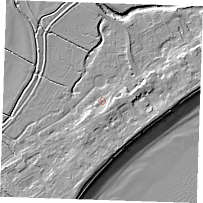Shaded relief map of the ground around BN246AY, computed from Environment Agency LiDAR. The ground here sits at about 4 m above sea level and falls 10 m across the surrounding 800 m. Surface water reaching this point runs off ground lying to the south-east, 3.6 m higher.