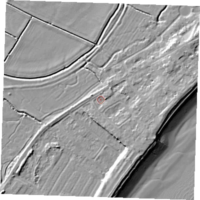 Shaded relief map of the ground around BN246BA, computed from Environment Agency LiDAR. The ground here sits at about 4 m above sea level and falls 10 m across the surrounding 800 m. Surface water reaching this point runs off ground lying to the east-north-east, 1.1 m higher.