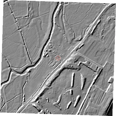 Shaded relief map of the ground around BN246BD, computed from Environment Agency LiDAR. The ground here sits at about 3 m above sea level and falls 12 m across the surrounding 800 m. Surface water reaching this point runs off ground lying to the east-south-east, 3.5 m higher.