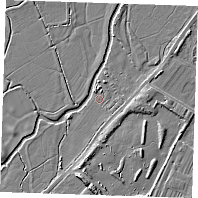 Shaded relief map of the ground around BN246BF, computed from Environment Agency LiDAR. The ground here sits at about 3 m above sea level and falls 9 m across the surrounding 800 m. Surface water reaching this point runs off ground lying to the east-south-east, 1.8 m higher.