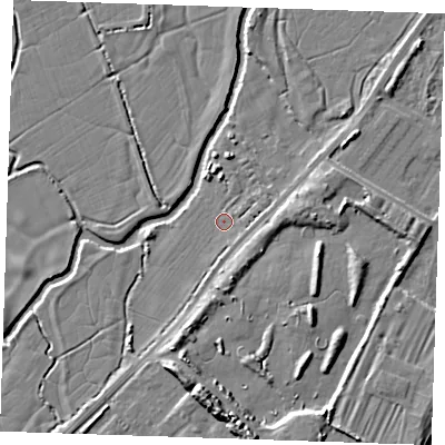 Shaded relief map of the ground around BN246BG, computed from Environment Agency LiDAR. The ground here sits at about 3 m above sea level and falls 9 m across the surrounding 800 m. Surface water reaching this point runs off ground lying to the east, 1.8 m higher.