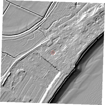 Shaded relief map of the ground around BN246BH, computed from Environment Agency LiDAR. The ground here sits at about 4 m above sea level and falls 10 m across the surrounding 800 m. Surface water reaching this point runs off ground lying to the east, 2.9 m higher.