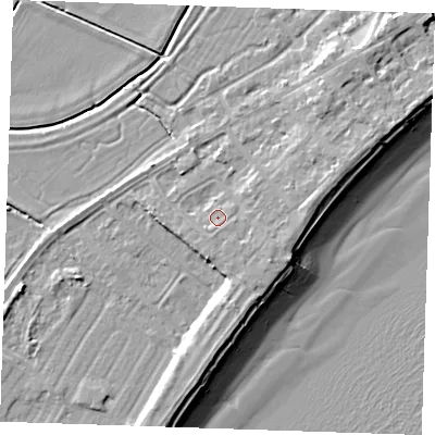 Shaded relief map of the ground around BN246BJ, computed from Environment Agency LiDAR. The ground here sits at about 5 m above sea level and falls 10 m across the surrounding 800 m. Surface water reaching this point runs off ground lying to the east-south-east, 0.8 m higher.