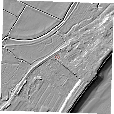 Shaded relief map of the ground around BN246BL, computed from Environment Agency LiDAR. The ground here sits at about 4 m above sea level and falls 10 m across the surrounding 800 m. Surface water reaching this point runs off ground lying to the south-east, 2.3 m higher.