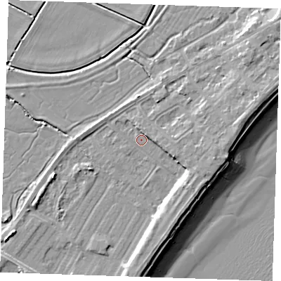 Shaded relief map of the ground around BN246BP, computed from Environment Agency LiDAR. The ground here sits at about 3 m above sea level and falls 10 m across the surrounding 800 m. Surface water reaching this point runs off ground lying to the east-south-east, 2.4 m higher.